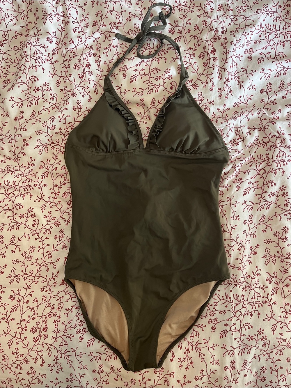 Olive Green Ruffle V-Neck One-Piece Swimsuit